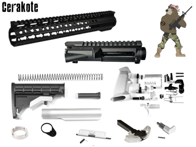 AR 15 Build Kit with Upper Receiver -COLOR OPTIONS -Shown Here in Satin Aluminum