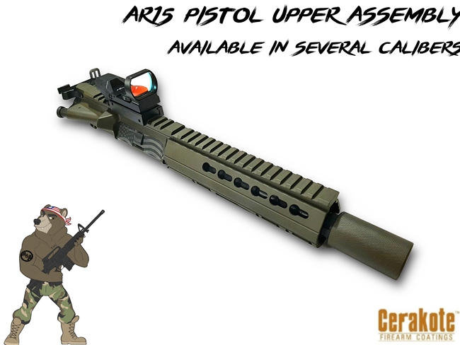 AR15 7.5" Pistol Upper Assembly- Multiple Calibers Available- Your Color- Shown Here In OD Green