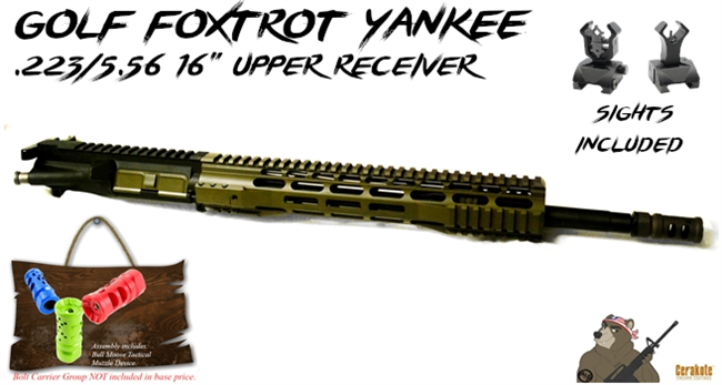 .223/5.56 Golf Foxtrot Yankee 16" Upper Receiver Assembly - Available in several colors - Shown here in OD Green