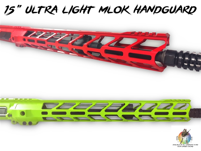 AR15 Ultra Light Weight MLok with QD 15" Handguard - You Choose Color - Shown Here in USMC Red and Zombie Green