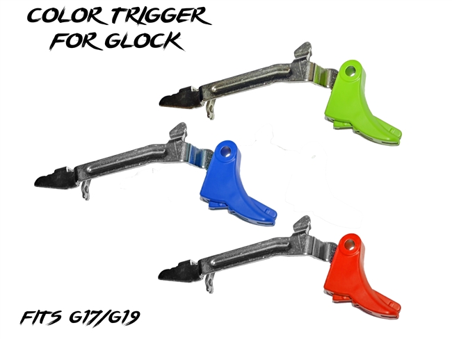 Color Trigger for Glock - Available in 100+ Colors - Shown here in Zombie Green, NRA Blue, and USMC Red