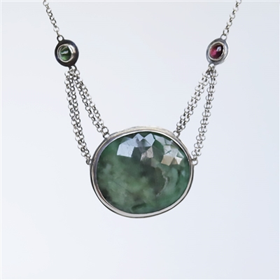 Liz Green Necklace Photo. Handmade necklace in sterling silver with emerald and tourmaline.