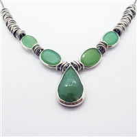 Vibrant Mint Necklace photo. Like the Lemongrass Drop necklace, its structure is silver, however this one is shorter. With a drop-like center chalcedony and other round chalcedonies on the sides. Detailed silver hoops come after the stones on the sides.
