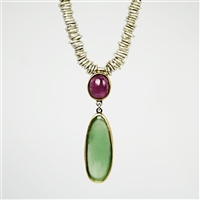 Handmade necklace made of sterling silver, fine silver and 18k gold with pink tourmaline and calcedony.