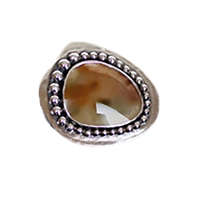 Geyser Lake Ring photo. Gorgeous composition. Rounded green and pink quartz is the center in the shape of a lake, with polished silver structuring it with round dots highlighted on the borders.