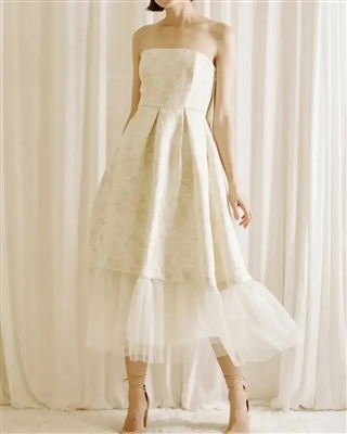 Ivory and Gold Tea Length Dress with Tulle