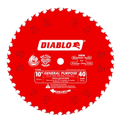 10" x 40T Fine Finish Tipped Diablo Saw Blade