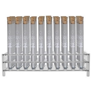 Wedding Theme Test Tube Set, Custom Printed, Clear Test Tubes with Cork Stoppers and Rack, Polystyrene, Karter Scientific (Pack of 50)