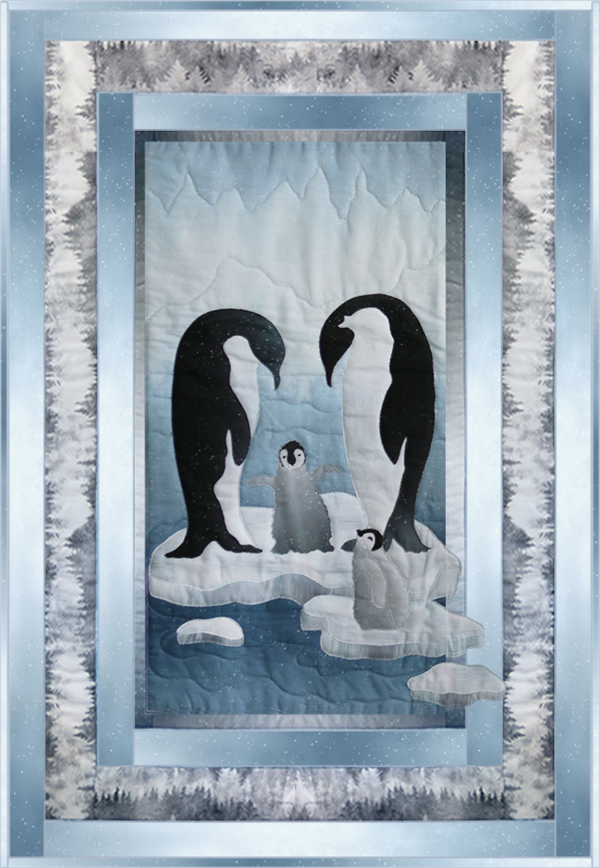 a single block quilt with an arctic snowy scene, ice floes and a pair of penguins looking down at their chick