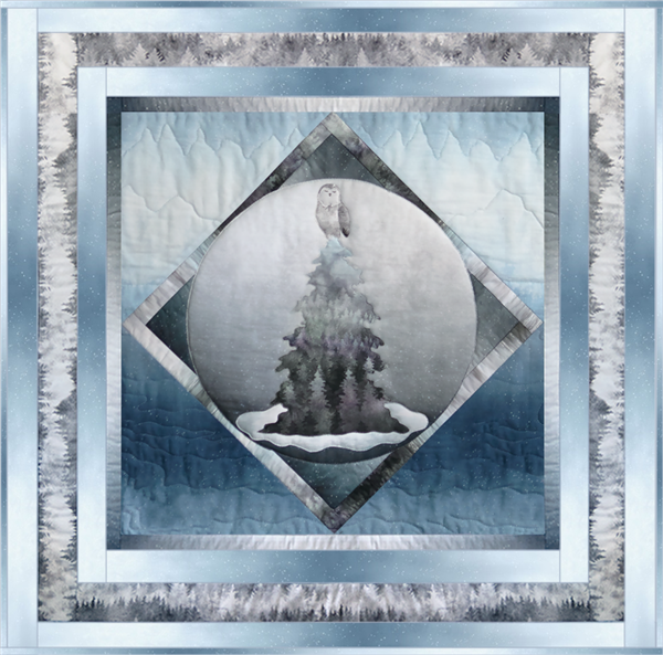 a single block quilt with an arctic snowy scene, with an owl in a tree