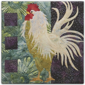 a rooster standing tall, with long white, curly tail feathers on a green and purple pieced background