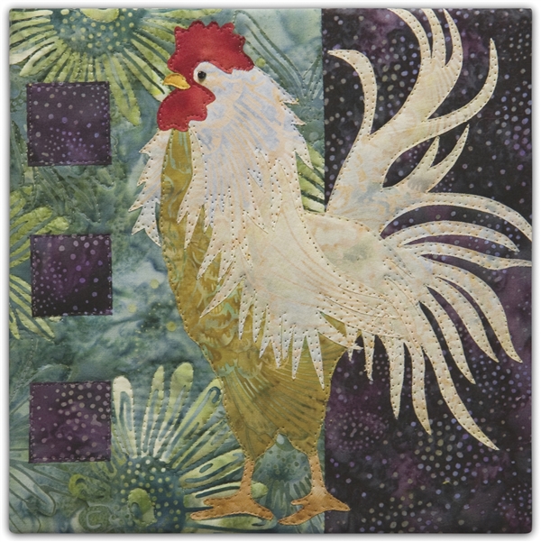 a rooster standing tall, with long white, curly tail feathers on a green and purple pieced background