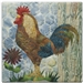 a fabric panel showing the profile of a reddish brown rooster standing on the grass next to a small flower.