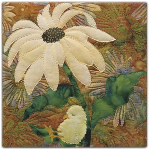 A fabric panel with a baby chick sleeping against the stem of a pale yellow daisy