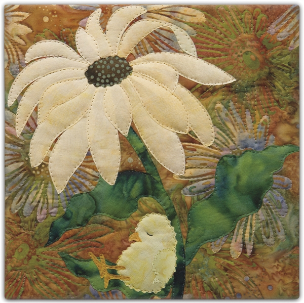 A fabric panel with a baby chick sleeping against the stem of a pale yellow daisy