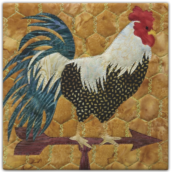 A fabric panel with a black and white speckled rooster standing on a weather vane