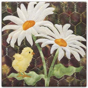 a fabric panel with a small yellow chick standing on a leaf under two large white daisies