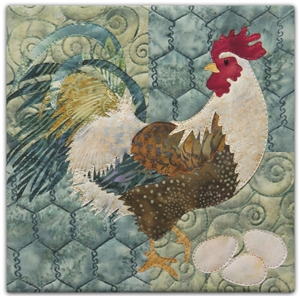 a fabric panel with a pretty brown speckled rooster looking over his shoulder while he guards three eggs