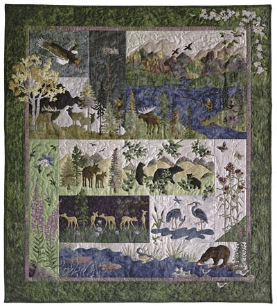 Complete At Home in the Woods quilt with birds, deer, bears, wildflowers, fish, and moose.