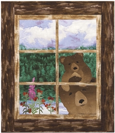 Quilt block of Mama and Brother Bear looking through your cabin window to see if you are home.