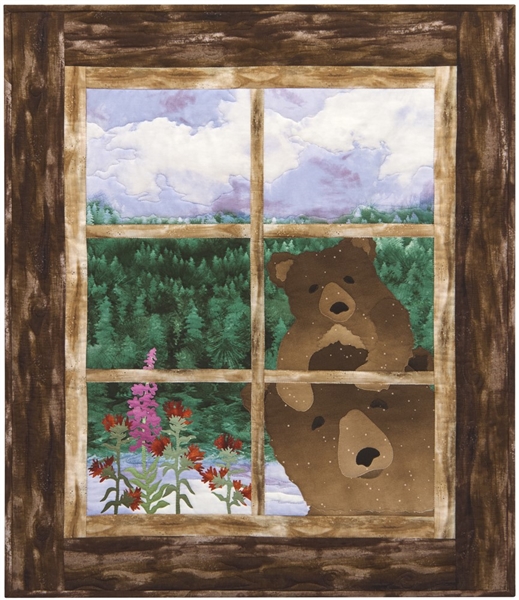 Quilt block of Mama and Brother Bear looking through your cabin window to see if you are home.