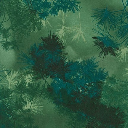 Pine needle screen print in medium to deep green and navy.