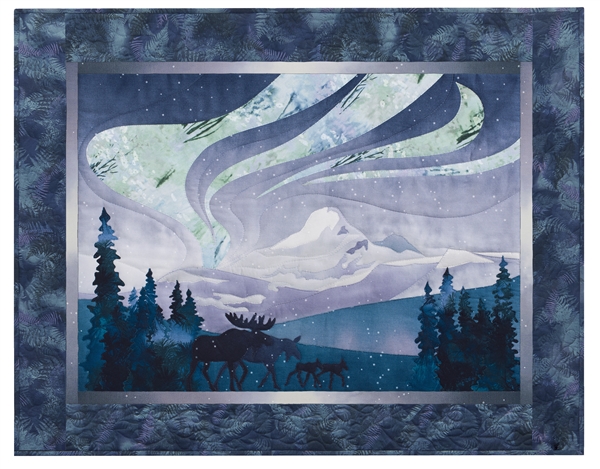 Quilt block of elk herd walking through a meadow at night, with the aurora borealis above them.
