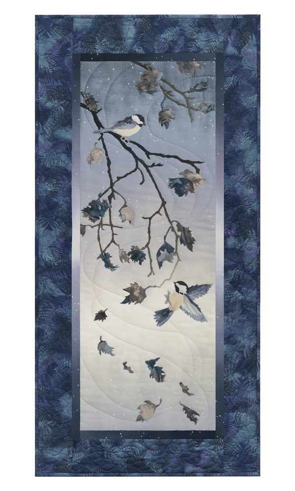 Quilt block of chickadees on an oak tree branch, with wind swirling the falling leaves.