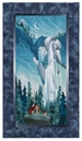 Quilt block of a cabin in a clearing beside an enormous waterfall, with a crescent moon over the cliff