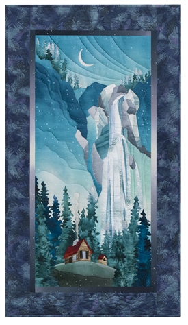 Quilt block of a cabin in a clearing beside an enormous waterfall, with a crescent moon over the cliff