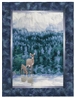 Quilt block of a doe and a fawn drinking water from a lake at dawn