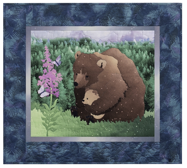 Quilt block of a mama bear and her cub watching butterflies drink from a Fireweed bloom.