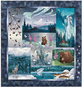 Quilt that shows scenes from the northwoods, with bears, fish, and elk in beautiful jewel tone colors.