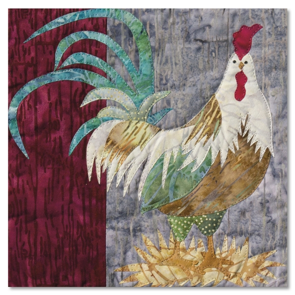 Quilt block of a proud rooster standing in hay