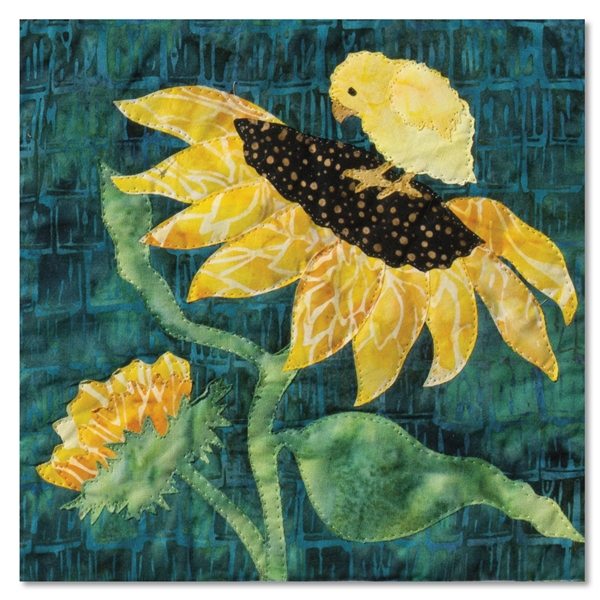 Quilt block of a baby chick standing on a sunflower