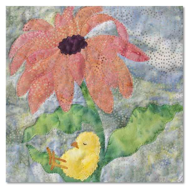 Quilt block of a chick sleeping under a pink daisy