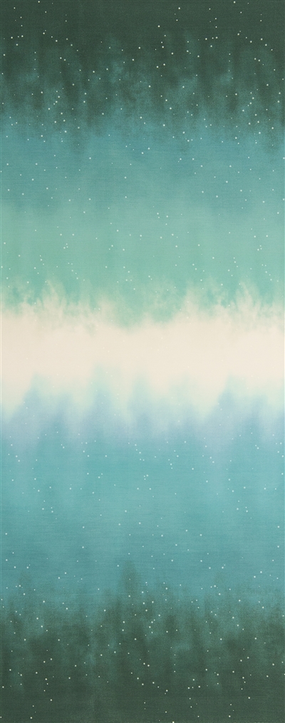 Ombre fabric that fades from sea green to ocean blue to white and back, with small white stars.