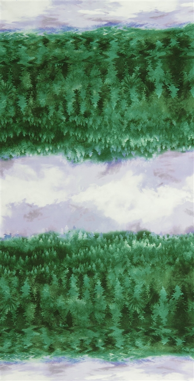 Screen printed fabric that fades from forest to sky and back, in bold green and purple.