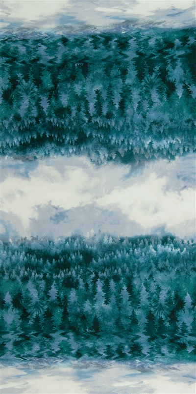 Screen printed fabric that fades from forest to sky and back, with green and blue trees and gray sky.