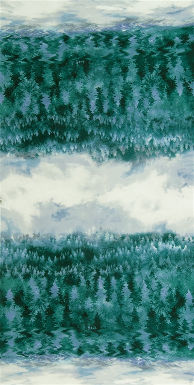 Screen printed fabric that fades from forest to sky and back, with all green trees and gray and blue sky.