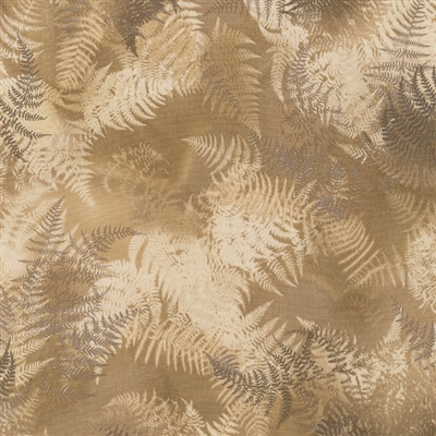 Swirling fern leaves in raffia, beige, and taupe.