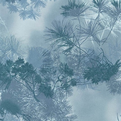 Pine needle screen print in medium to light blue and gray.