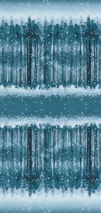 Screen printed fabric that fades from snowy forest to snowy sky and back in midnight blue.