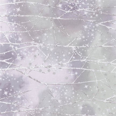 Snowy forest screen print with metallic snowfall lacquer in pale lavender and gray.