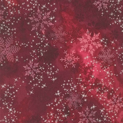 Metallic snowflake lacquer mottled screen print in deep cranberry red.