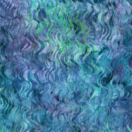 Undulating wave fabric in deep blue, aqua, and royal purple.