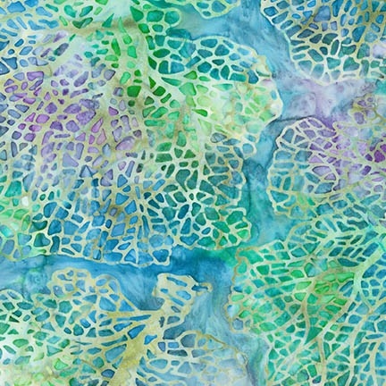 Coral pattern fabric in warm greens, purples, and blues.