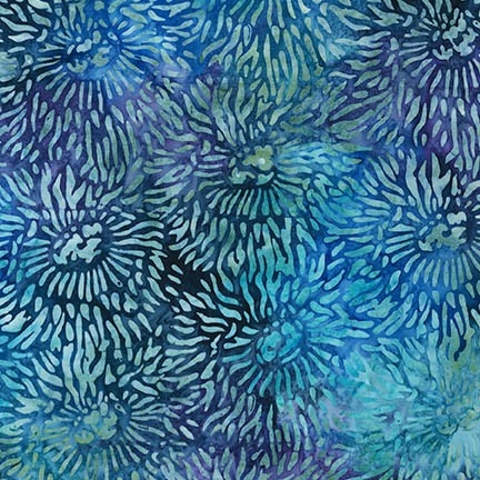 Sea Anemone pattern fabric in royal blue, aqua, and green.