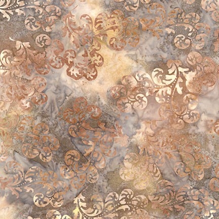 Delicate scroll batik fabric in coffee, graphite, and cream.