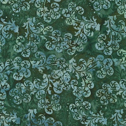 Delicate scroll batik fabric in teal, graphite, and evergreen.